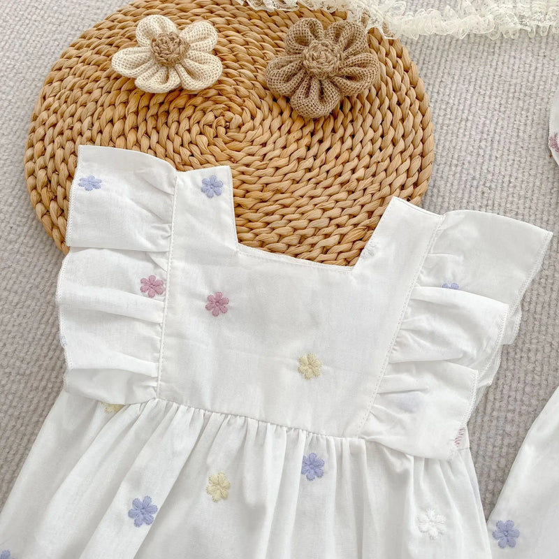 Vestido Infantil Princesa Floral com Bordado – Algodão, 1 a 6 Anos – Modelo Europeu