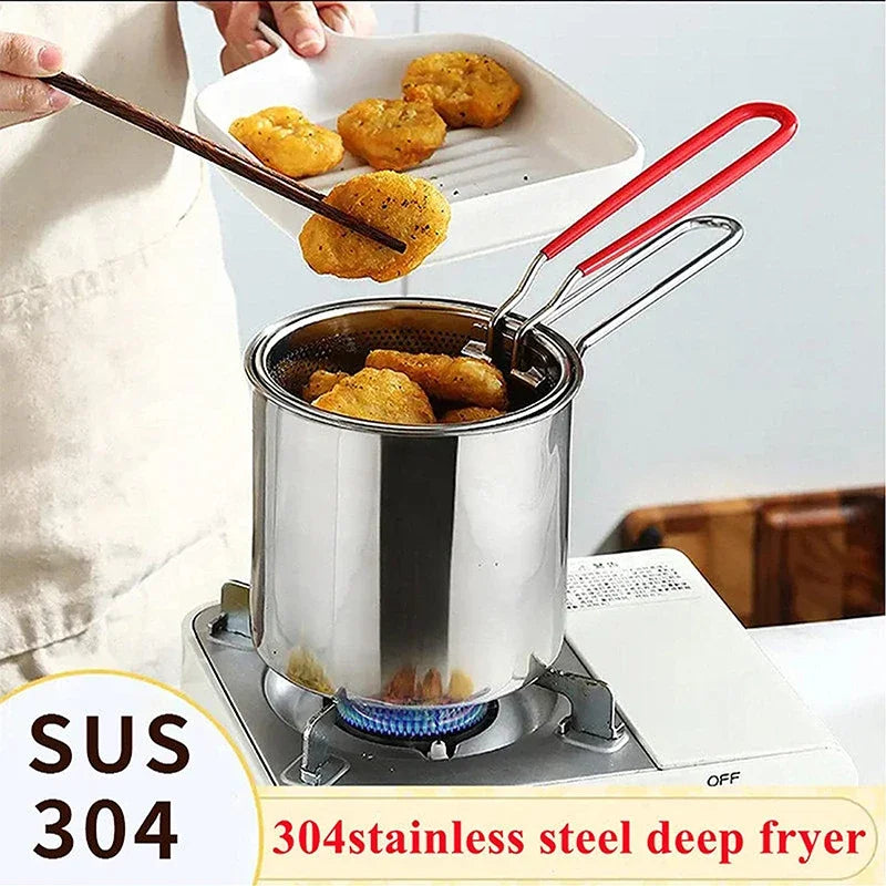 Conjunto de Frigideiras Japonesas de Aço Inoxidável 304 | Fritadeira Profunda Econômica em Óleo com Cesto para Tempurá, Frango e Batatas