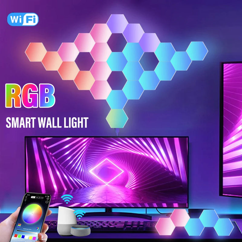 Lâmpada de Parede Hexagonal Inteligente RGB – Luz Noturna Ambiente com Ritmo Musical e Controle por App