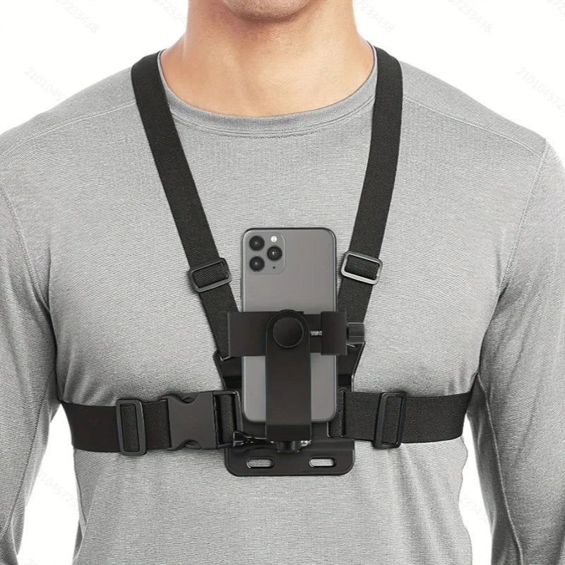 Suporte de Clipe Ajustável para Celular com Cinta Peitoral – Acessório Universal para Esportes e Câmeras