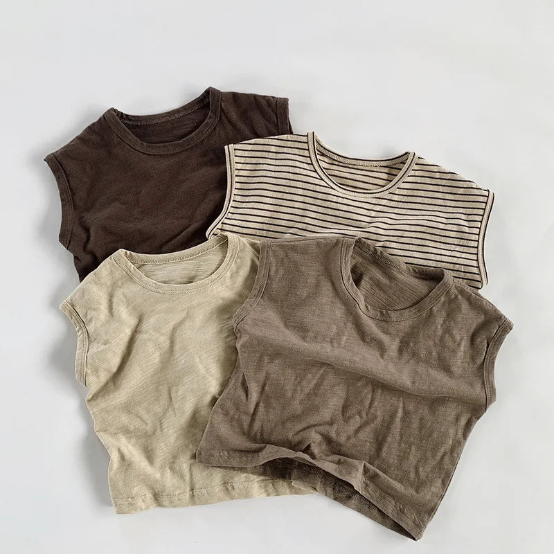Camiseta Infantil Regata Listrada em Algodão – Estilo Casual Coreano para Verão (4 a 6 anos)