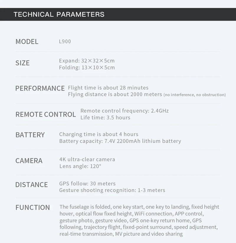 L900 Pro GPS Drone 4K – Quadcopter Profissional com Câmera Dupla, WiFi 5G, Motor Brushless e Alcance de 1,2KM
