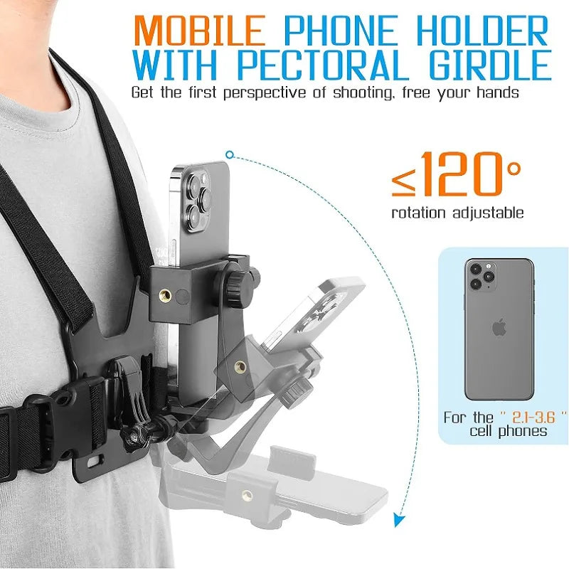 Suporte de Clipe Ajustável para Celular com Cinta Peitoral – Acessório Universal para Esportes e Câmeras