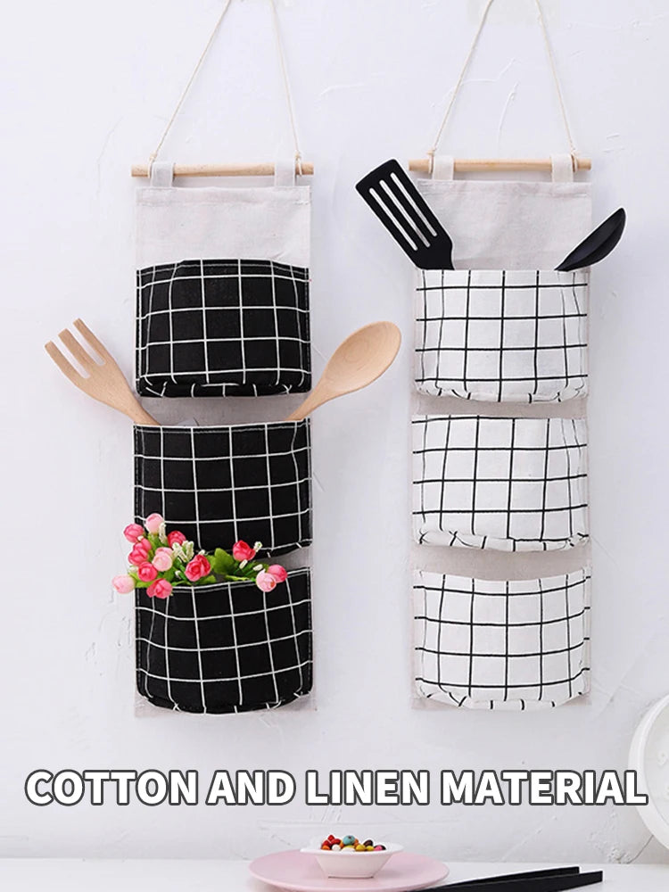 Bolsa de Armazenamento de Parede com 3 Bolsos | Organizador de Algodão e Linho para Casa, Quarto, Sala e Cozinha
