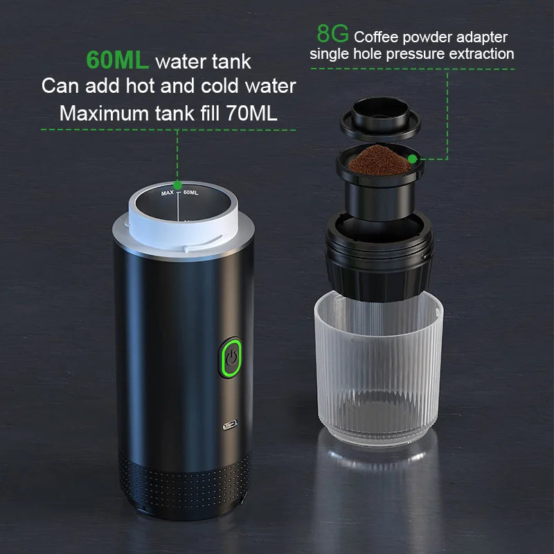 Máquina de Café Espresso Elétrica Portátil Wireless DENOKIN | 3 em 1 para Cápsulas, Pó e Viagem | Para Carro, Casa e Camping