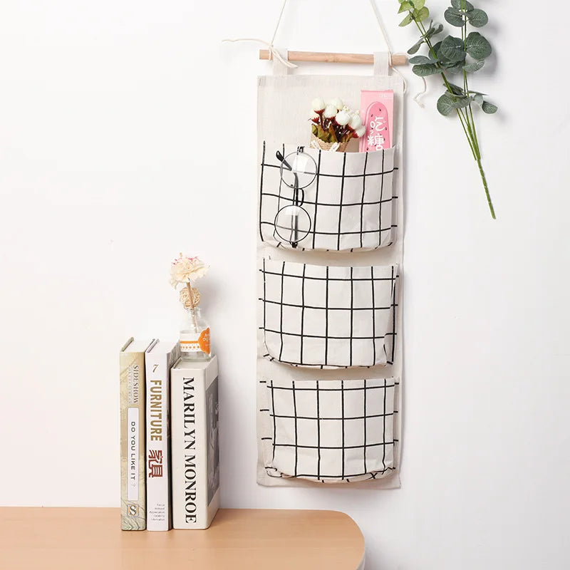 Bolsa de Armazenamento de Parede com 3 Bolsos | Organizador de Algodão e Linho para Casa, Quarto, Sala e Cozinha
