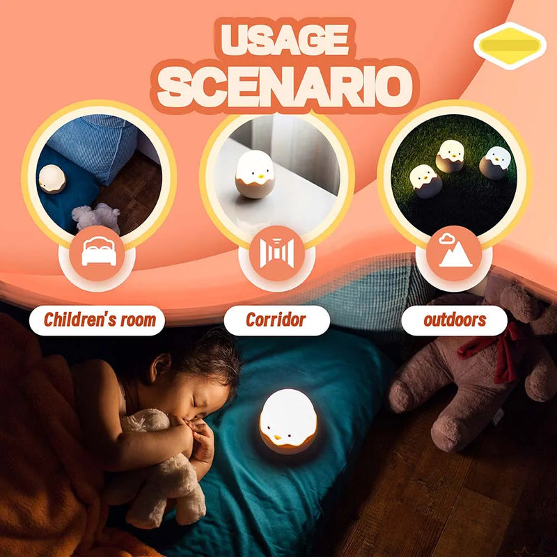 Luz Noturna Infantil em Silicone – Pato com Temporizador, Recarregável USB e Controle por Toque