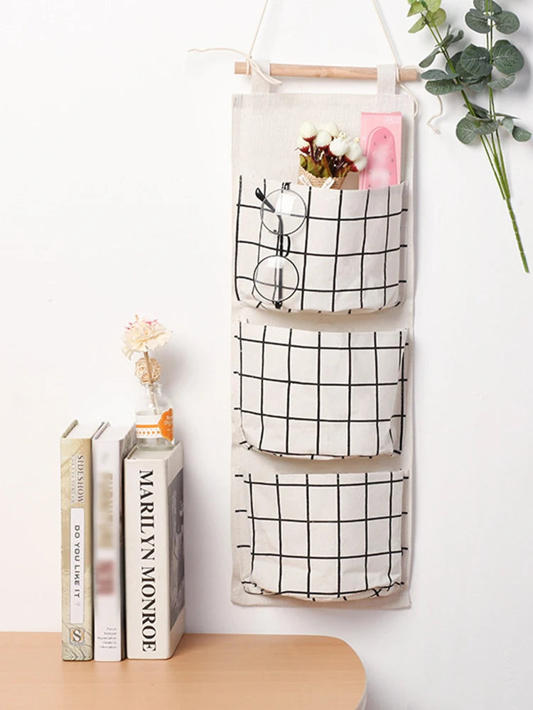 Bolsa de Armazenamento de Parede com 3 Bolsos | Organizador de Algodão e Linho para Casa, Quarto, Sala e Cozinha