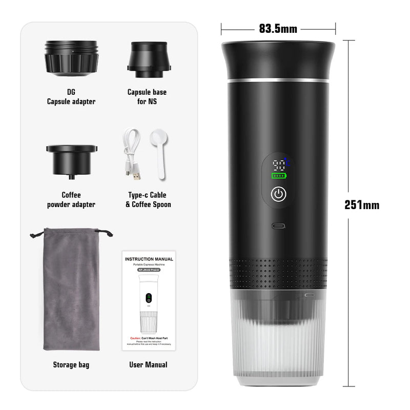Máquina de Café Espresso Elétrica Portátil Wireless DENOKIN | 3 em 1 para Cápsulas, Pó e Viagem | Para Carro, Casa e Camping