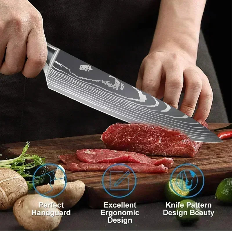 Faca de Cozinha Laser Damascus InLeung | Cutelo, Chef, Carne, Frutas e Pão | Faca Multifuncional para Barbecue e Preparos Domésticos