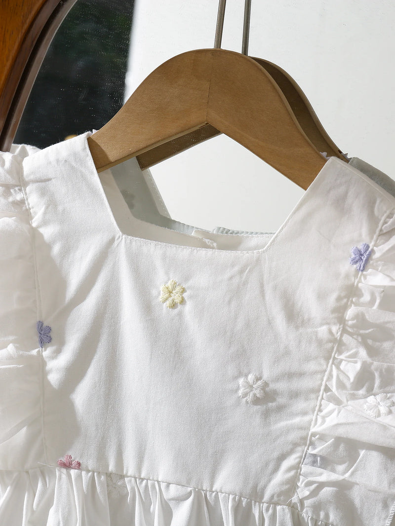 Vestido Infantil Princesa Floral com Bordado – Algodão, 1 a 6 Anos – Modelo Europeu