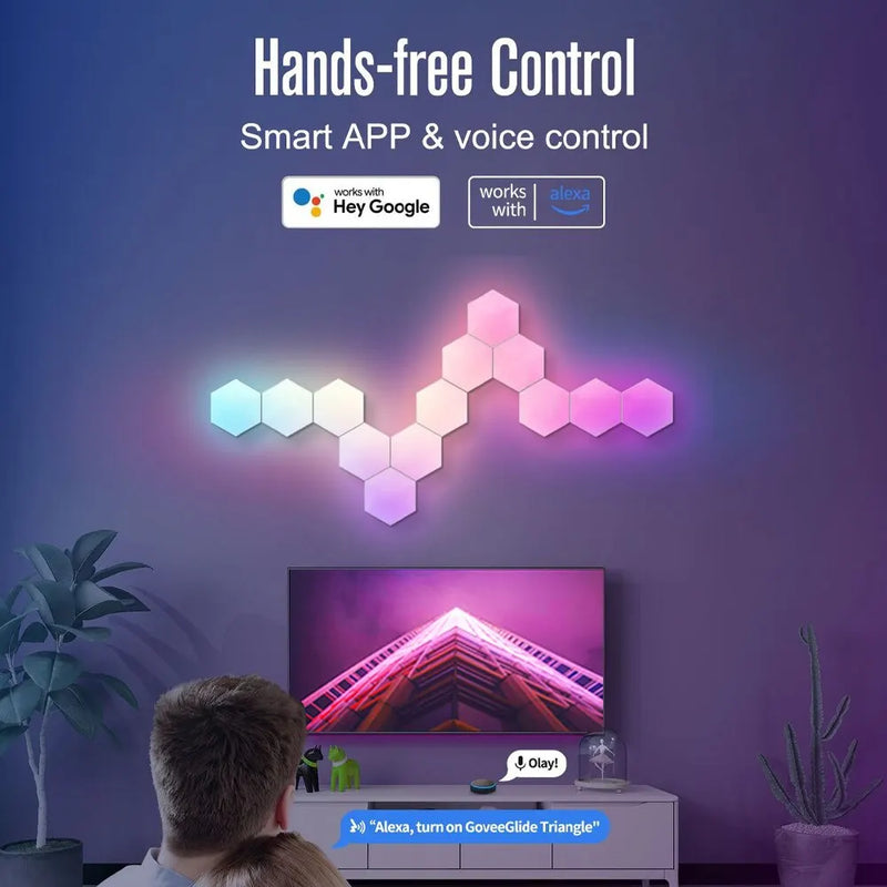 Lâmpada de Parede Hexagonal Inteligente RGB – Luz Noturna Ambiente com Ritmo Musical e Controle por App