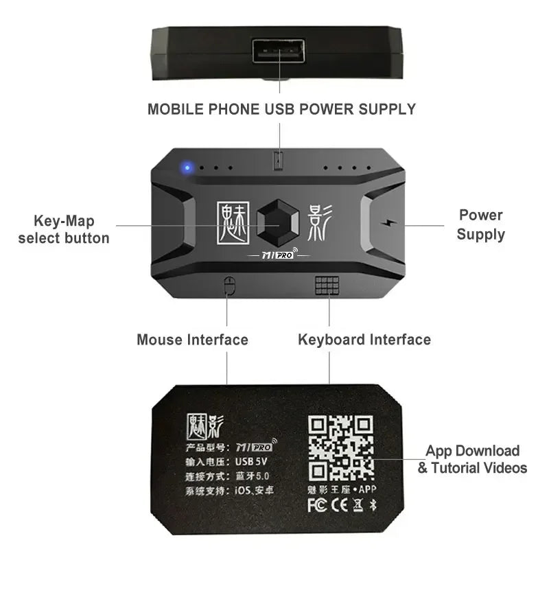 Controlador Móvel LEEDOAR M1 Pro 4 em 1 – Adaptador Mouse e Teclado Bluetooth V5.0 Programável para iOS e Android