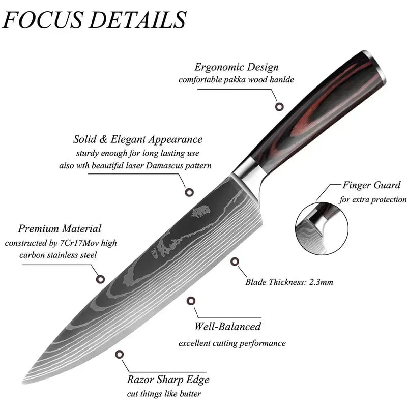 Faca de Cozinha Laser Damascus InLeung | Cutelo, Chef, Carne, Frutas e Pão | Faca Multifuncional para Barbecue e Preparos Domésticos