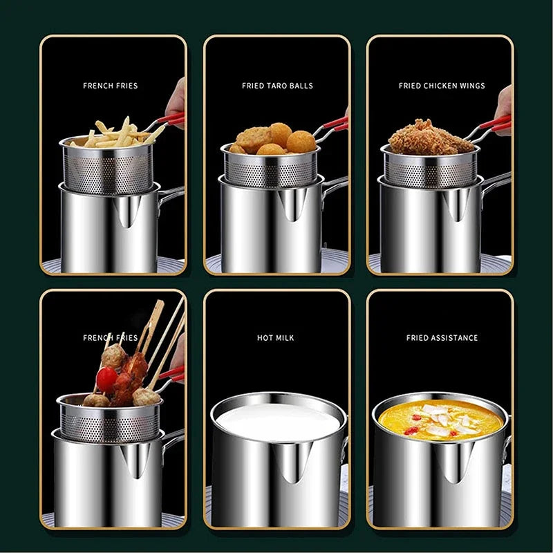 Conjunto de Frigideiras Japonesas de Aço Inoxidável 304 | Fritadeira Profunda Econômica em Óleo com Cesto para Tempurá, Frango e Batatas