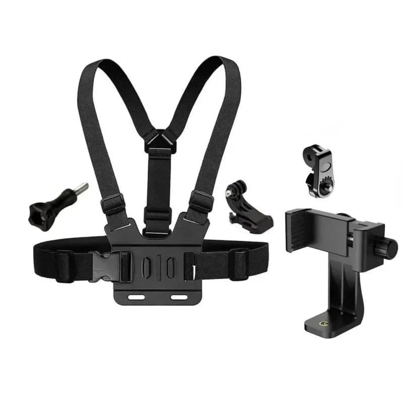 Suporte de Clipe Ajustável para Celular com Cinta Peitoral – Acessório Universal para Esportes e Câmeras