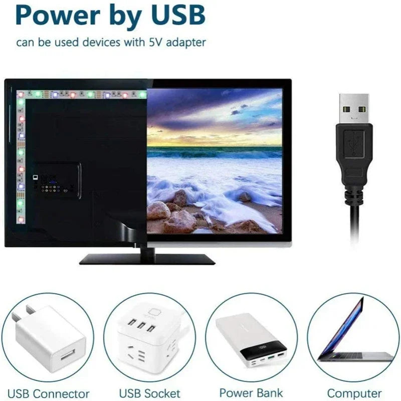 1-30m/100ft Luz de Tira LED USB RGB com Bluetooth, Controle por Toque e App – Backlight para TV e Decoração de Quarto