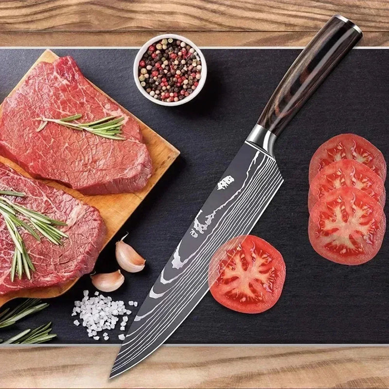 Faca de Cozinha Laser Damascus InLeung | Cutelo, Chef, Carne, Frutas e Pão | Faca Multifuncional para Barbecue e Preparos Domésticos