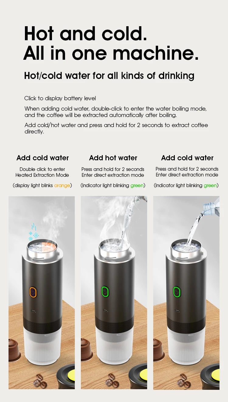 Máquina de Café Espresso Elétrica Portátil Wireless DENOKIN | 3 em 1 para Cápsulas, Pó e Viagem | Para Carro, Casa e Camping