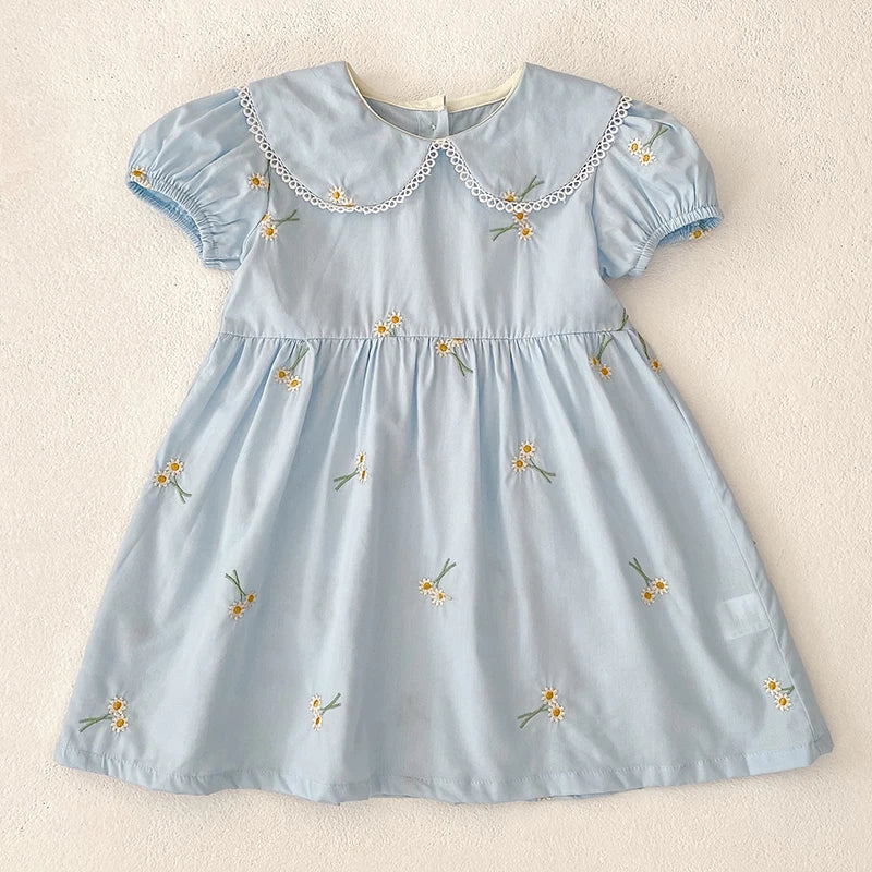 Vestido Infantil Princesa Floral com Bordado – Algodão, 1 a 6 Anos – Modelo Europeu