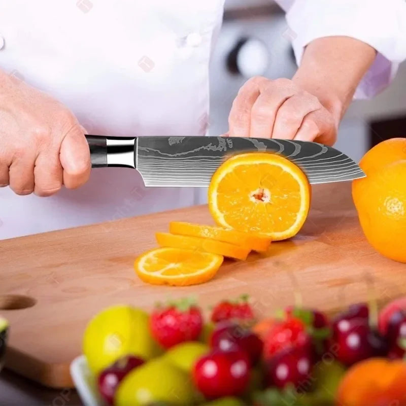 Faca de Cozinha Laser Damascus InLeung | Cutelo, Chef, Carne, Frutas e Pão | Faca Multifuncional para Barbecue e Preparos Domésticos