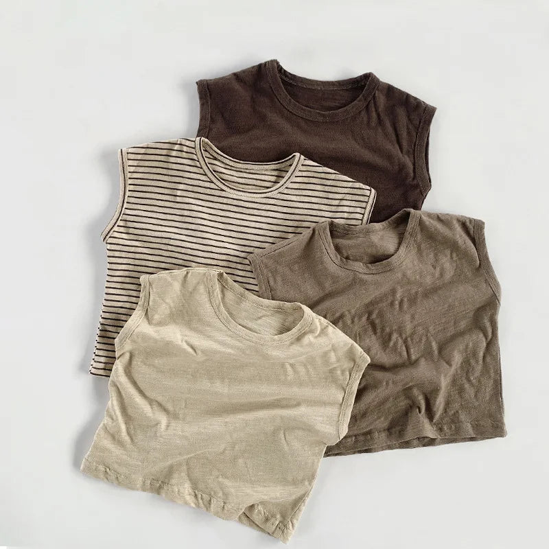 Camiseta Infantil Regata Listrada em Algodão – Estilo Casual Coreano para Verão (4 a 6 anos)
