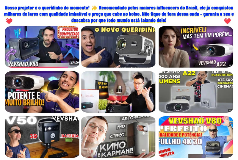 VEVSHAO V80 Projetor 4K – Full HD 1080P, 2200 Lúmens, Android 11, WiFi 6, Home Theater com Suporte Base