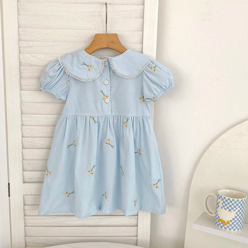 Vestido Infantil Princesa Floral com Bordado – Algodão, 1 a 6 Anos – Modelo Europeu