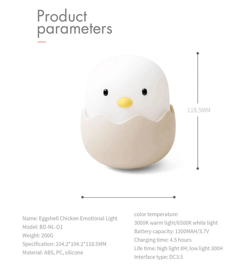 Luz Noturna Infantil em Silicone – Pato com Temporizador, Recarregável USB e Controle por Toque