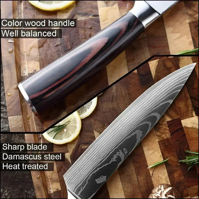 Faca de Cozinha Laser Damascus InLeung | Cutelo, Chef, Carne, Frutas e Pão | Faca Multifuncional para Barbecue e Preparos Domésticos