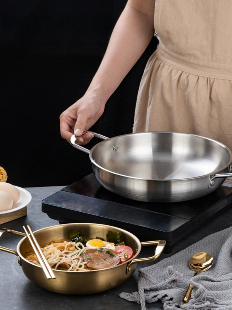 Panela de Aço Inoxidável com Cabo | Para Cozinhar Arroz, Paella, Frutos do Mar e Lanches | Panelas Secas para Uso Doméstico