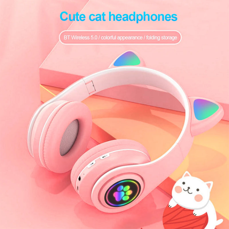 Fones de Ouvido VAKIND – Sem Fio Bluetooth com Luz LED em Formato de Orelhas de Gato, Microfone e Controle, Over-Ear para Crianças e Adolescentes