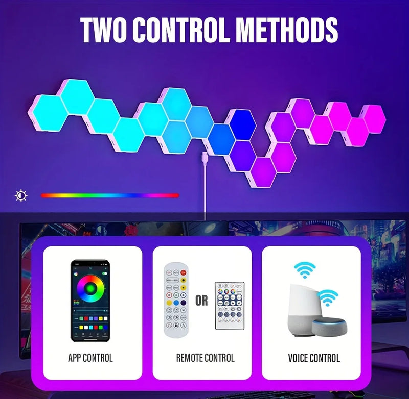 Lâmpada de Parede Hexagonal Inteligente RGB – Luz Noturna Ambiente com Ritmo Musical e Controle por App