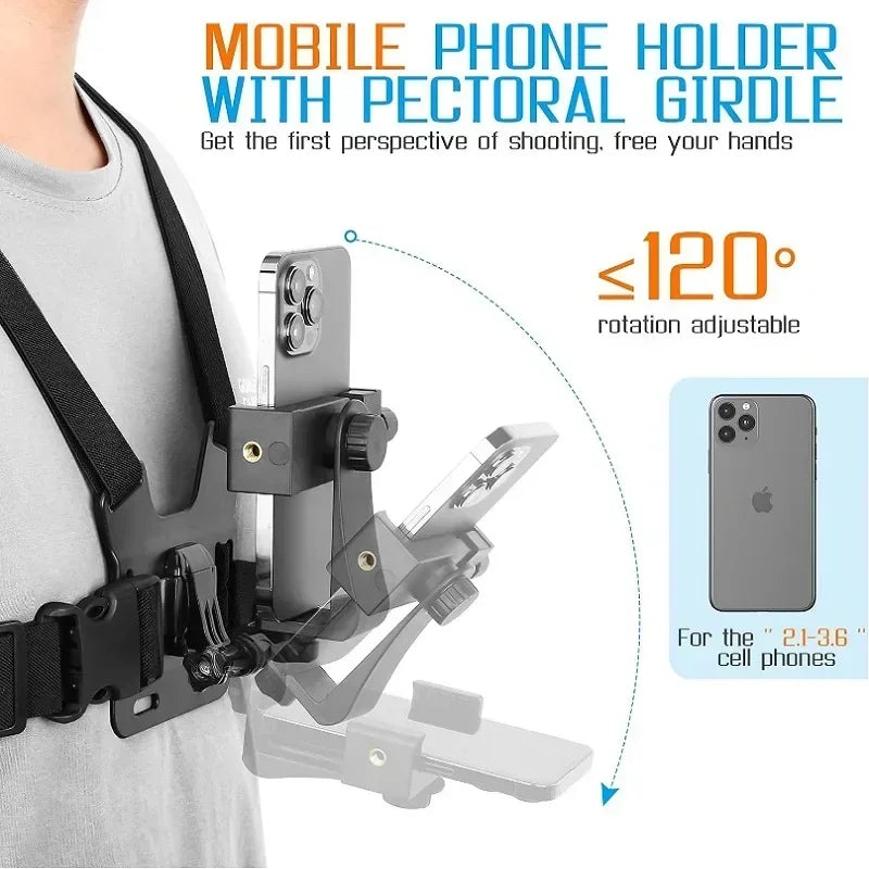 Suporte de Clipe Ajustável para Celular com Cinta Peitoral – Acessório Universal para Esportes e Câmeras