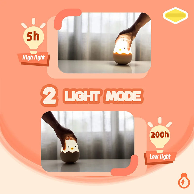 Luz Noturna Infantil em Silicone – Pato com Temporizador, Recarregável USB e Controle por Toque