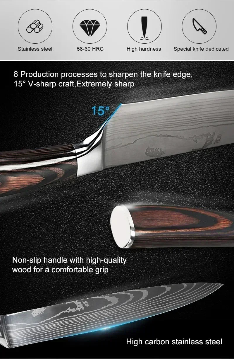 Faca de Cozinha Laser Damascus InLeung | Cutelo, Chef, Carne, Frutas e Pão | Faca Multifuncional para Barbecue e Preparos Domésticos