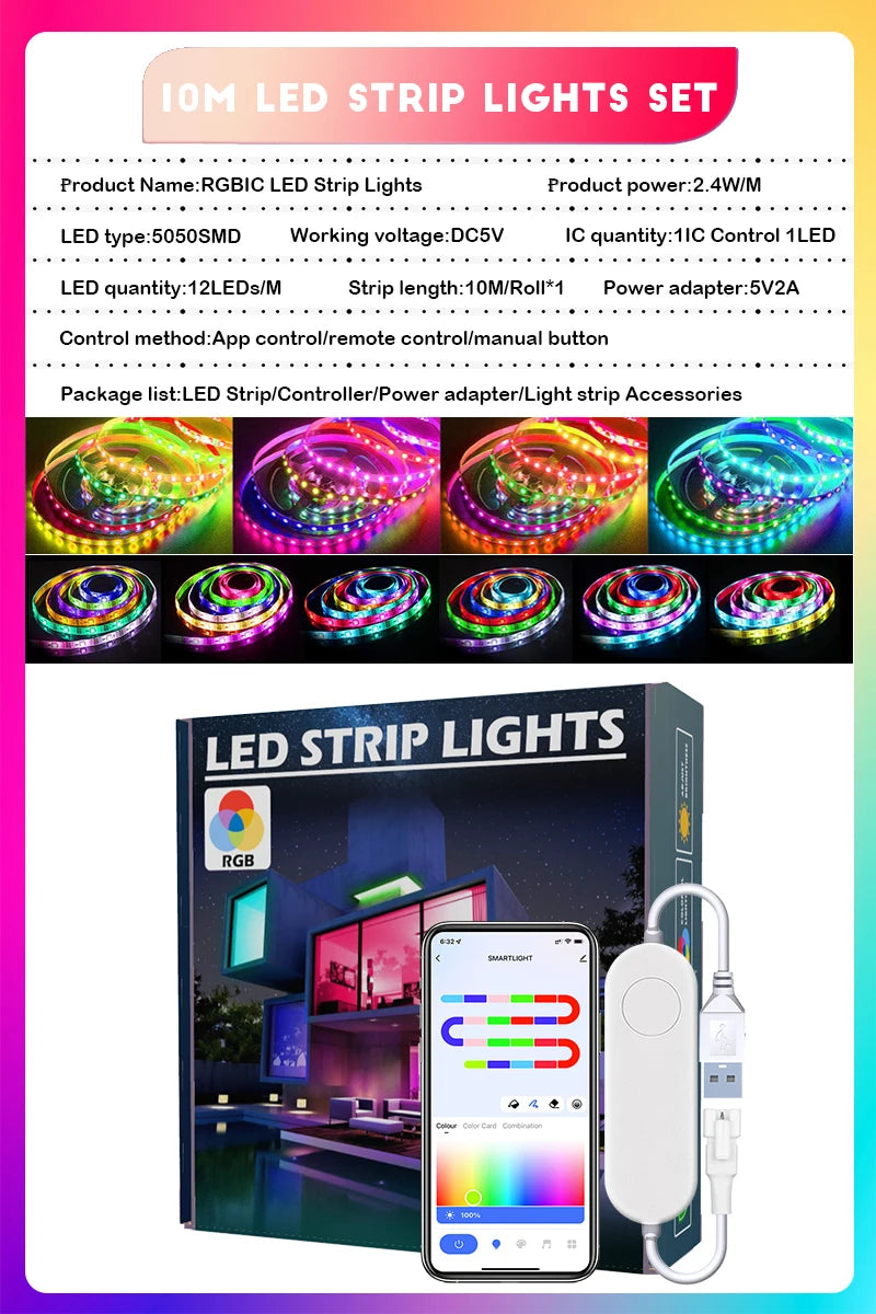 TUYA LED Strip Lights WS2812 RGBIC – Tira de LED Endereçável com Efeito Perseguidor, Wi-Fi, USB 5V, Smartlife Dreamcolor
