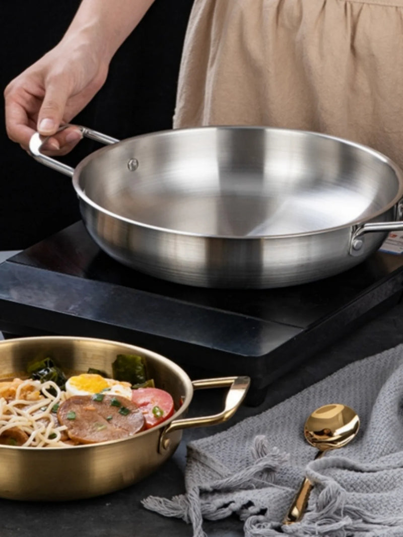 Panela de Aço Inoxidável com Cabo | Para Cozinhar Arroz, Paella, Frutos do Mar e Lanches | Panelas Secas para Uso Doméstico