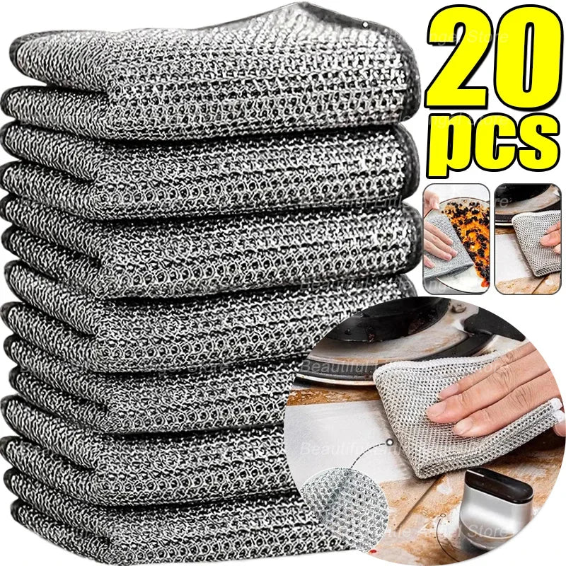 Panos de Limpeza em Microfibra com Arame de Aço | Dupla Camada, Não Arranha | Toalhas de Cozinha, Banheiro e Utensílios Domésticos (5/20 Peças)