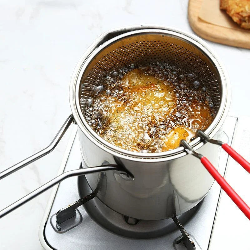 Conjunto de Frigideiras Japonesas de Aço Inoxidável 304 | Fritadeira Profunda Econômica em Óleo com Cesto para Tempurá, Frango e Batatas