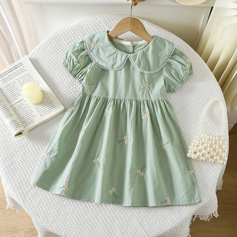 Vestido Infantil Princesa Floral com Bordado – Algodão, 1 a 6 Anos – Modelo Europeu