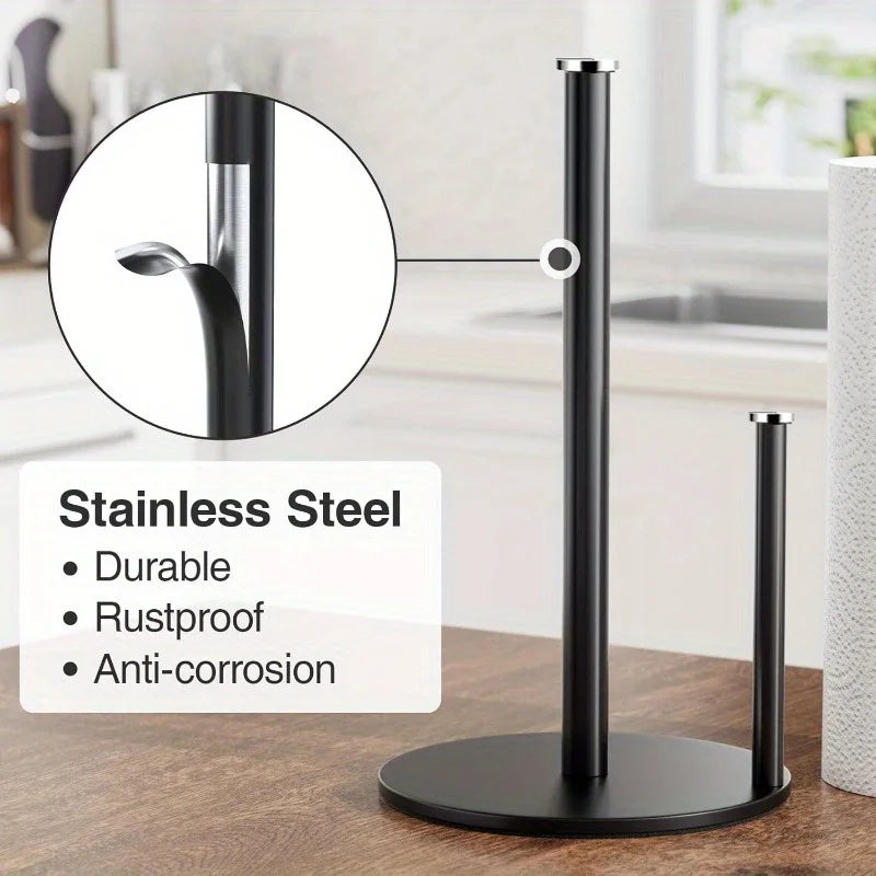 Paper Towel Holder Black, Premium Stainless Steel Kitchen Roll Dispenser, Countertop Roll Organizer with Weighted Base