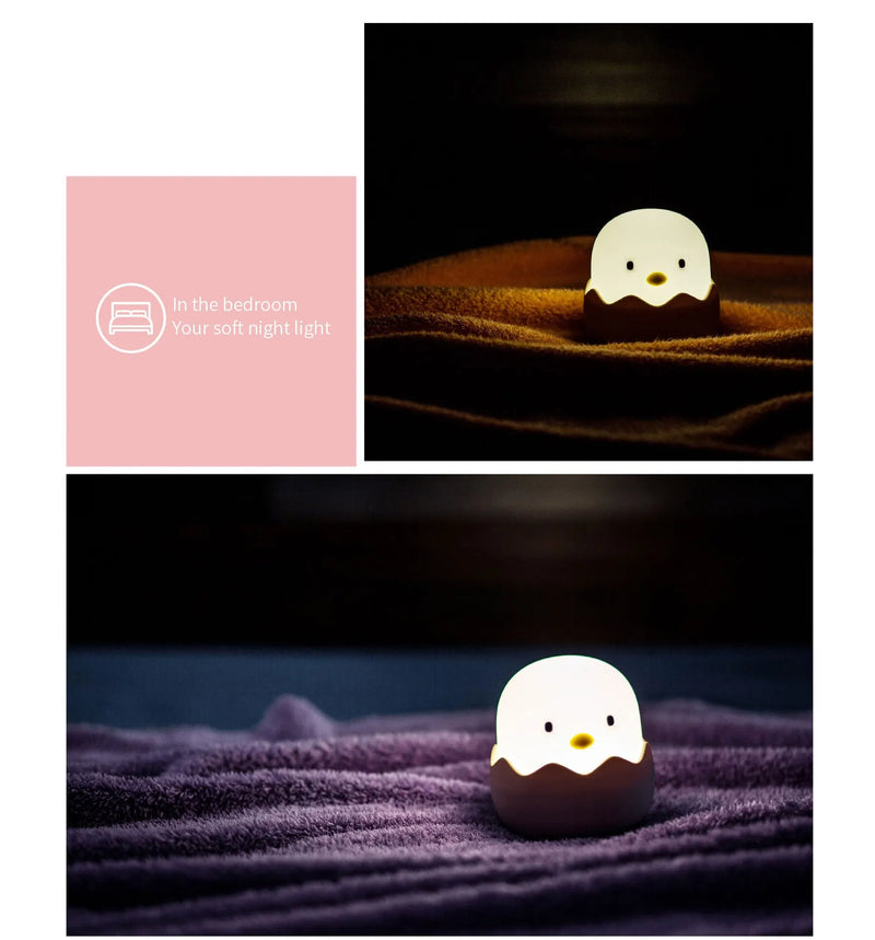 Luz Noturna Infantil em Silicone – Pato com Temporizador, Recarregável USB e Controle por Toque