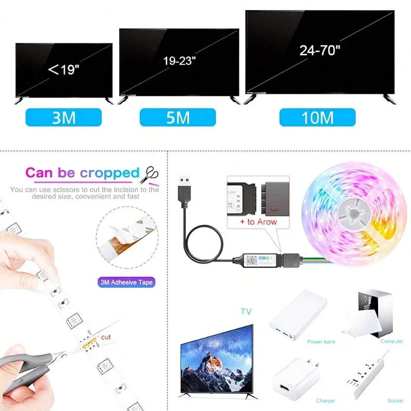 1-30m/100ft Luz de Tira LED USB RGB com Bluetooth, Controle por Toque e App – Backlight para TV e Decoração de Quarto