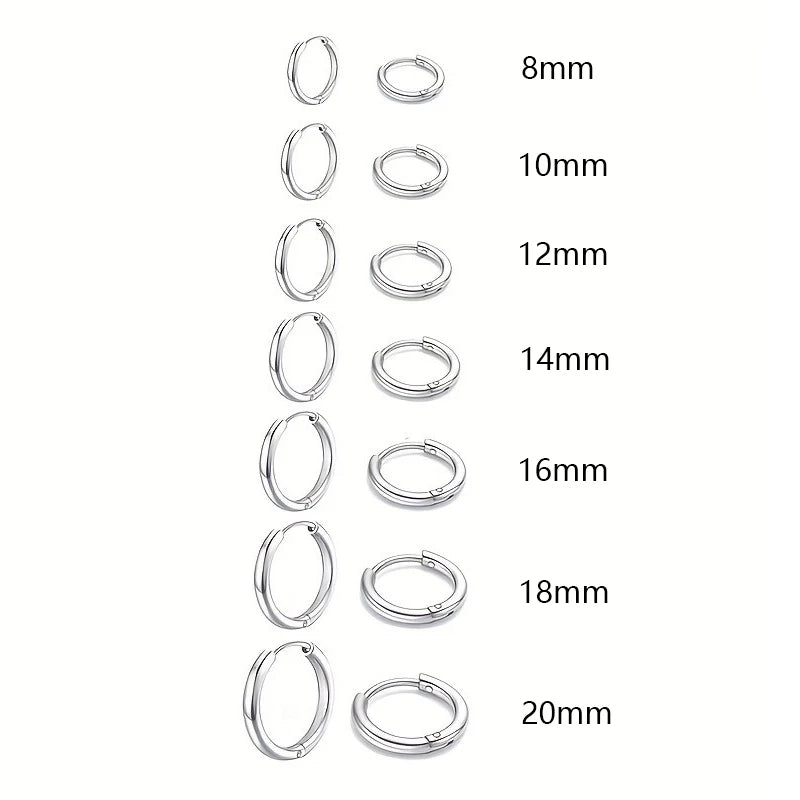 Conjunto de 7 Pares de Brincos Huggies de Aço Inoxidável | Argolas Unissex para Cartilagem e Orelha