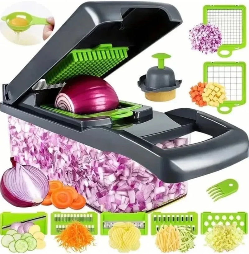 Cortador Multifuncional de Legumes 14/16 em 1 | Ralador, Fatiador e Cortador de Cubos com Alça | Utensílio de Cozinha Prático e Ecológico