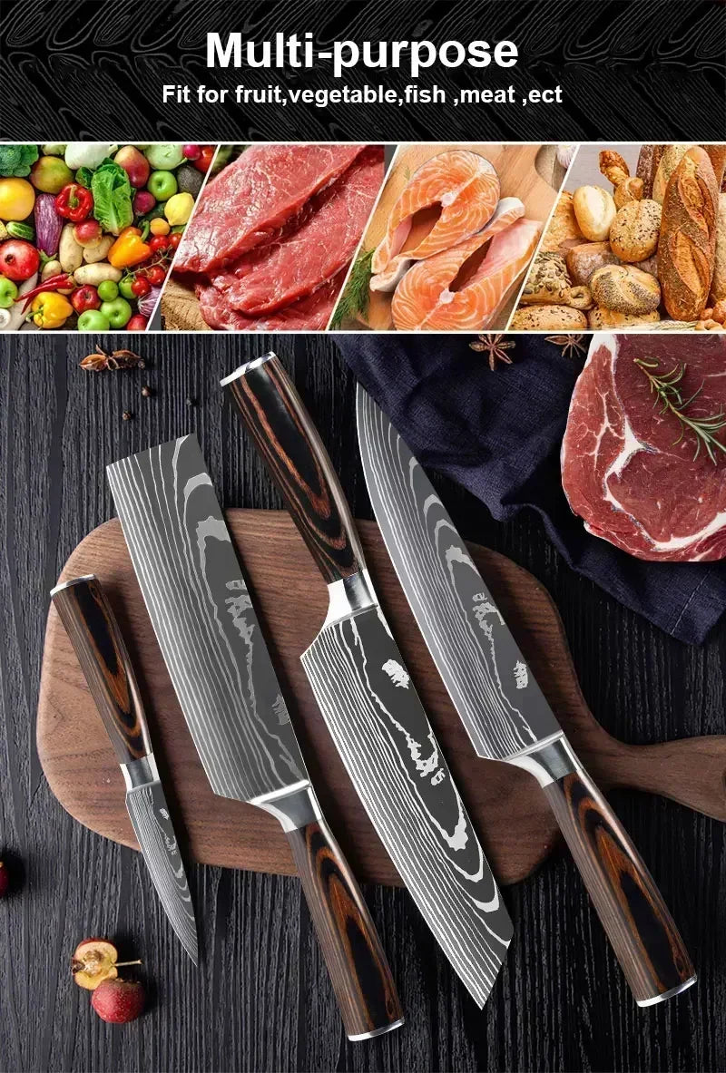 Faca de Cozinha Laser Damascus InLeung | Cutelo, Chef, Carne, Frutas e Pão | Faca Multifuncional para Barbecue e Preparos Domésticos