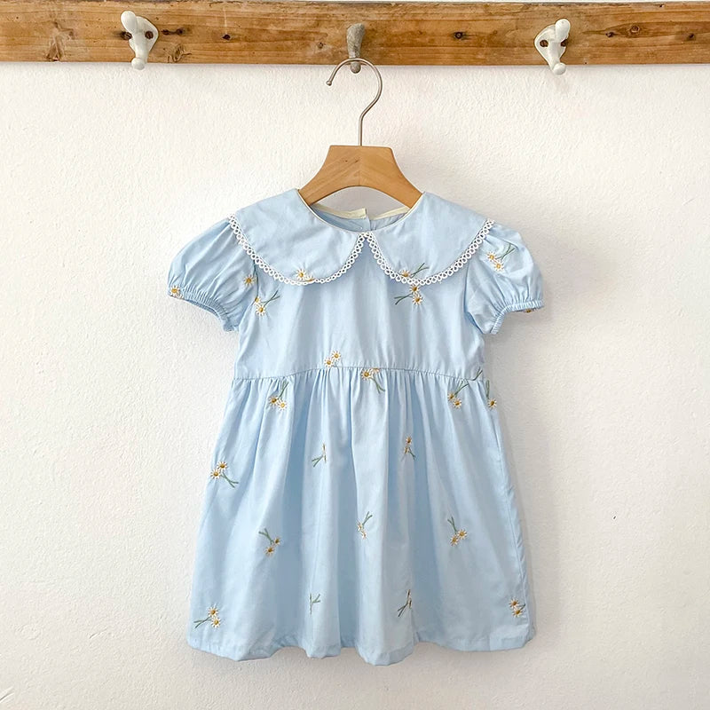 Vestido Infantil Princesa Floral com Bordado – Algodão, 1 a 6 Anos – Modelo Europeu