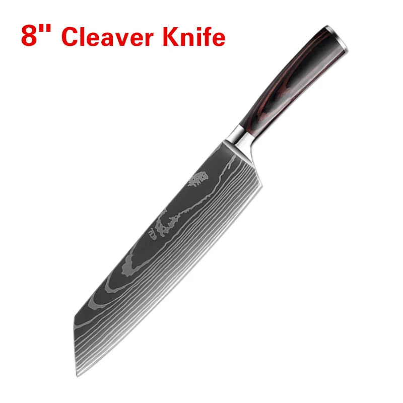 Faca de Cozinha Laser Damascus InLeung | Cutelo, Chef, Carne, Frutas e Pão | Faca Multifuncional para Barbecue e Preparos Domésticos