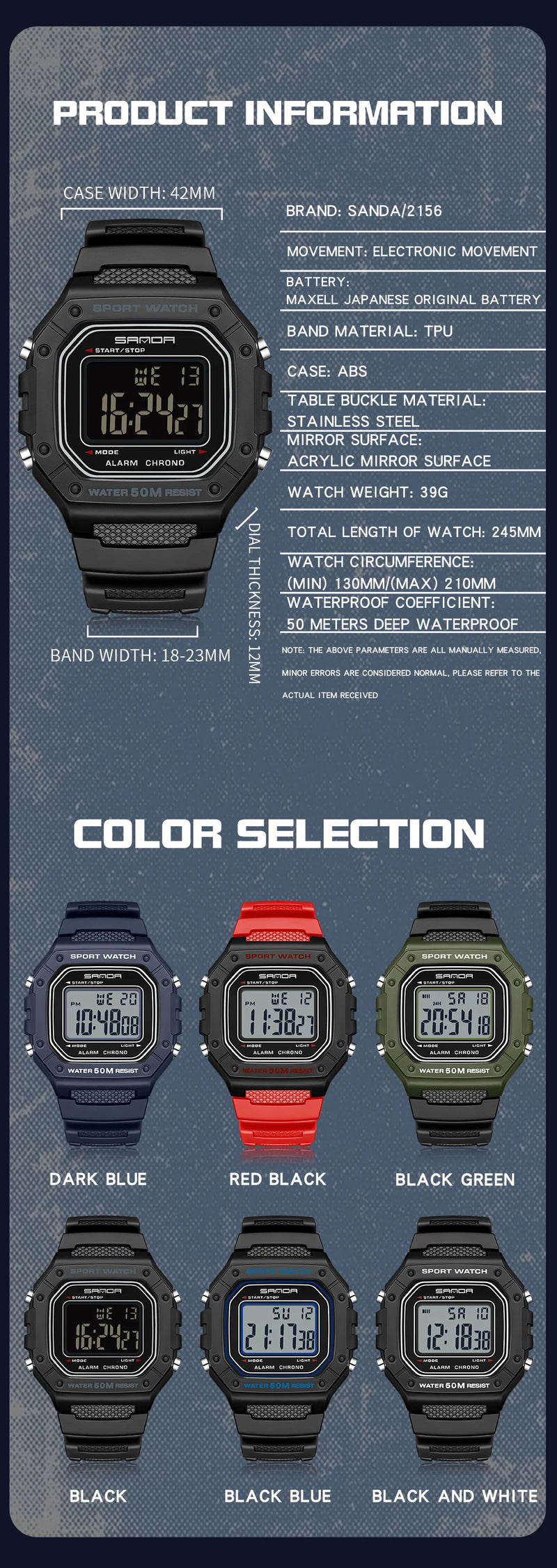 Relógio Masculino Esportivo SANDA 2156 – Digital Militar, à Prova d’Água, com LED e Cronômetro